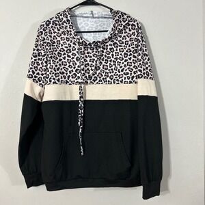 Colorblock Leopard Print Hoodie Cowl Neck Long Sleeve Casual Pullover Top